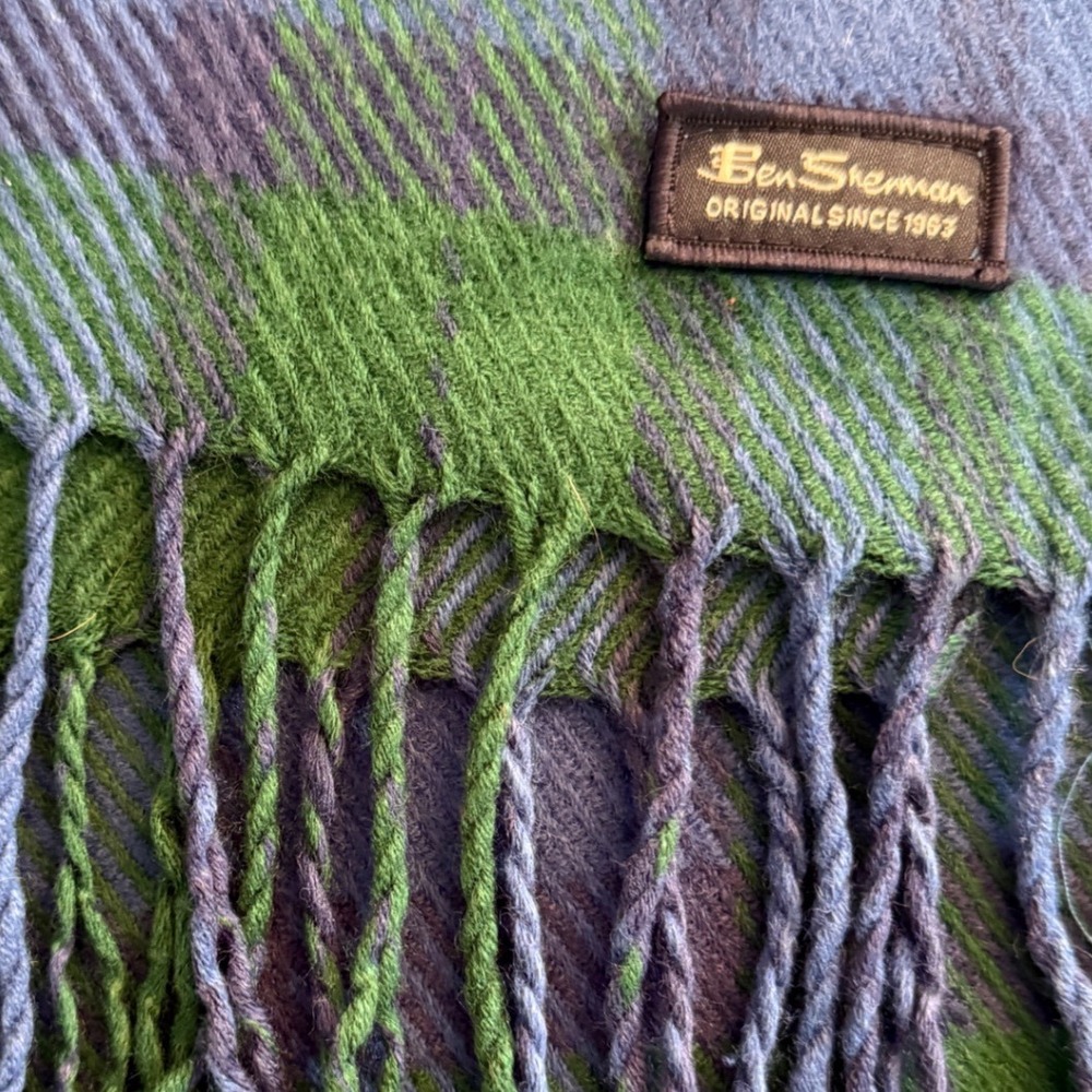 Ben Sherman Plaid Scarf Green Blue Check Fringed Trim Winter Accessory